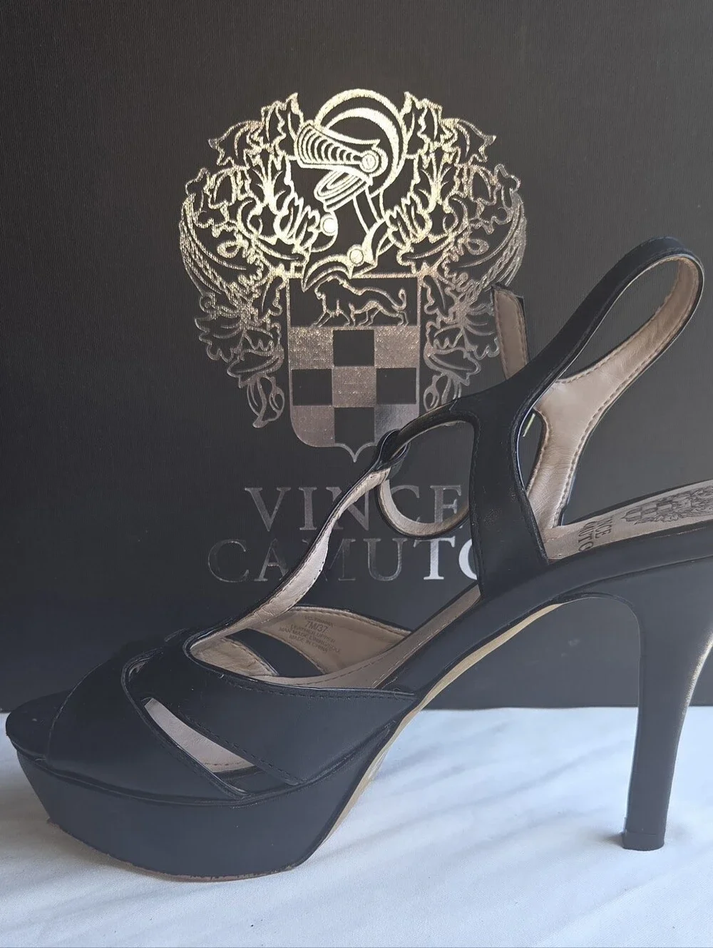 Vince Camuto Black Leather Peep-Toe Slingback Platform Heels